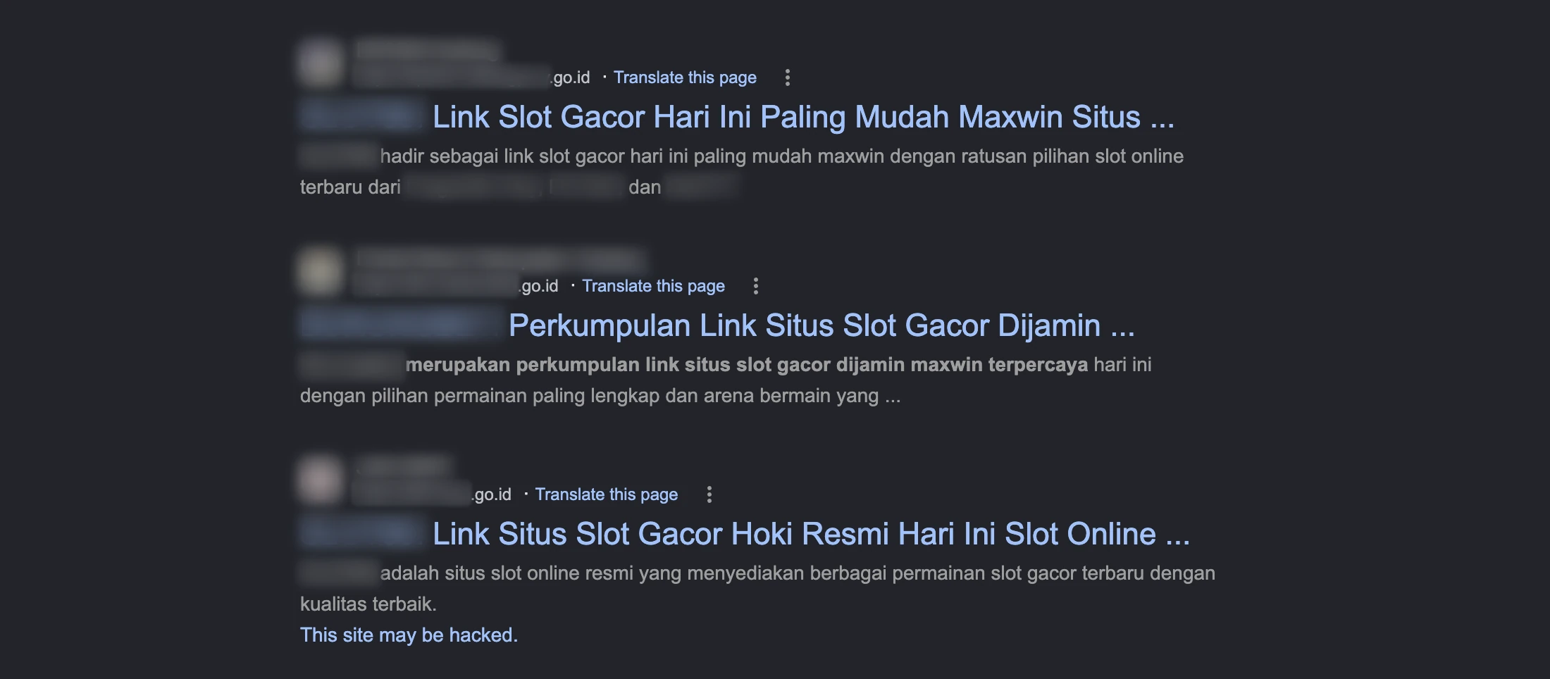 Hasil pencarian yang disensor menunjukkan konten Judi Online yang terindeks pada domain pemerintah Indonesia